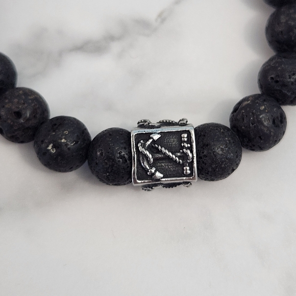Men Lava Stone Bracelet with Anchor Black Beaded Bracelet with Silver Accent - Picture 5 of 7